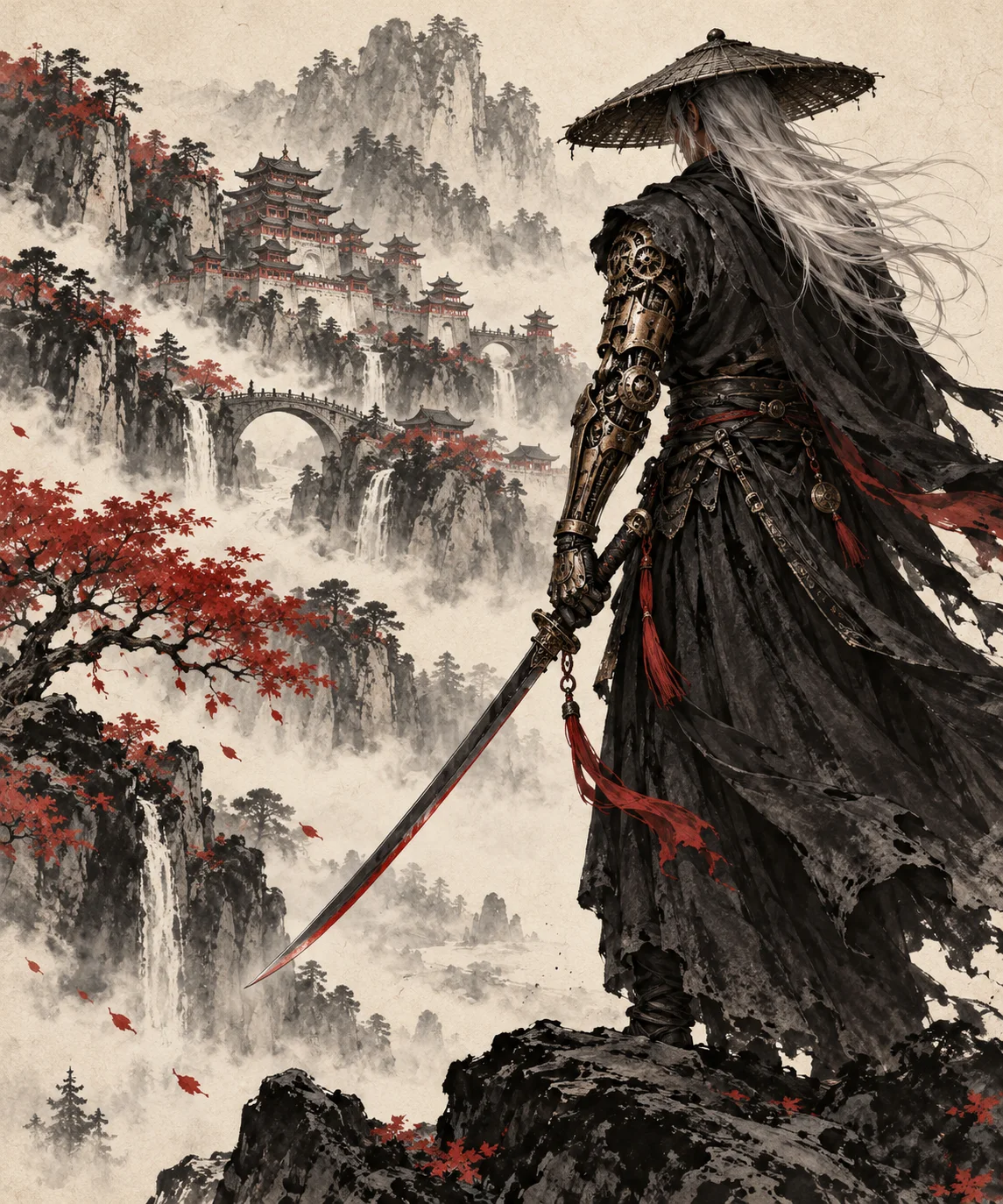 Original fan illustration of a swordsman with a brass mechanical arm above a mountain palace; not a game screenshot