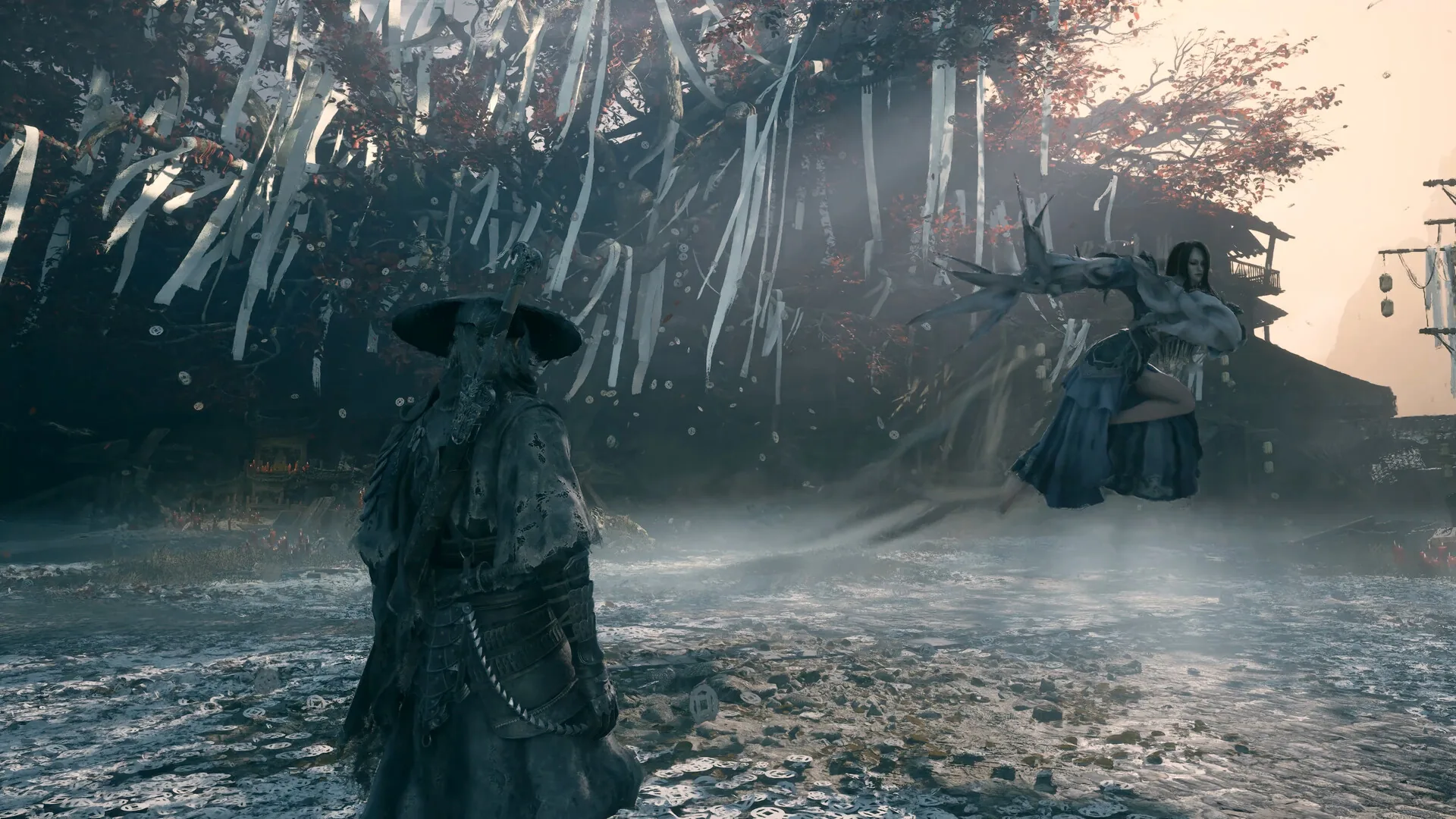 Phantom Blade Zero gameplay screenshot: two fighters facing each other among hanging blades