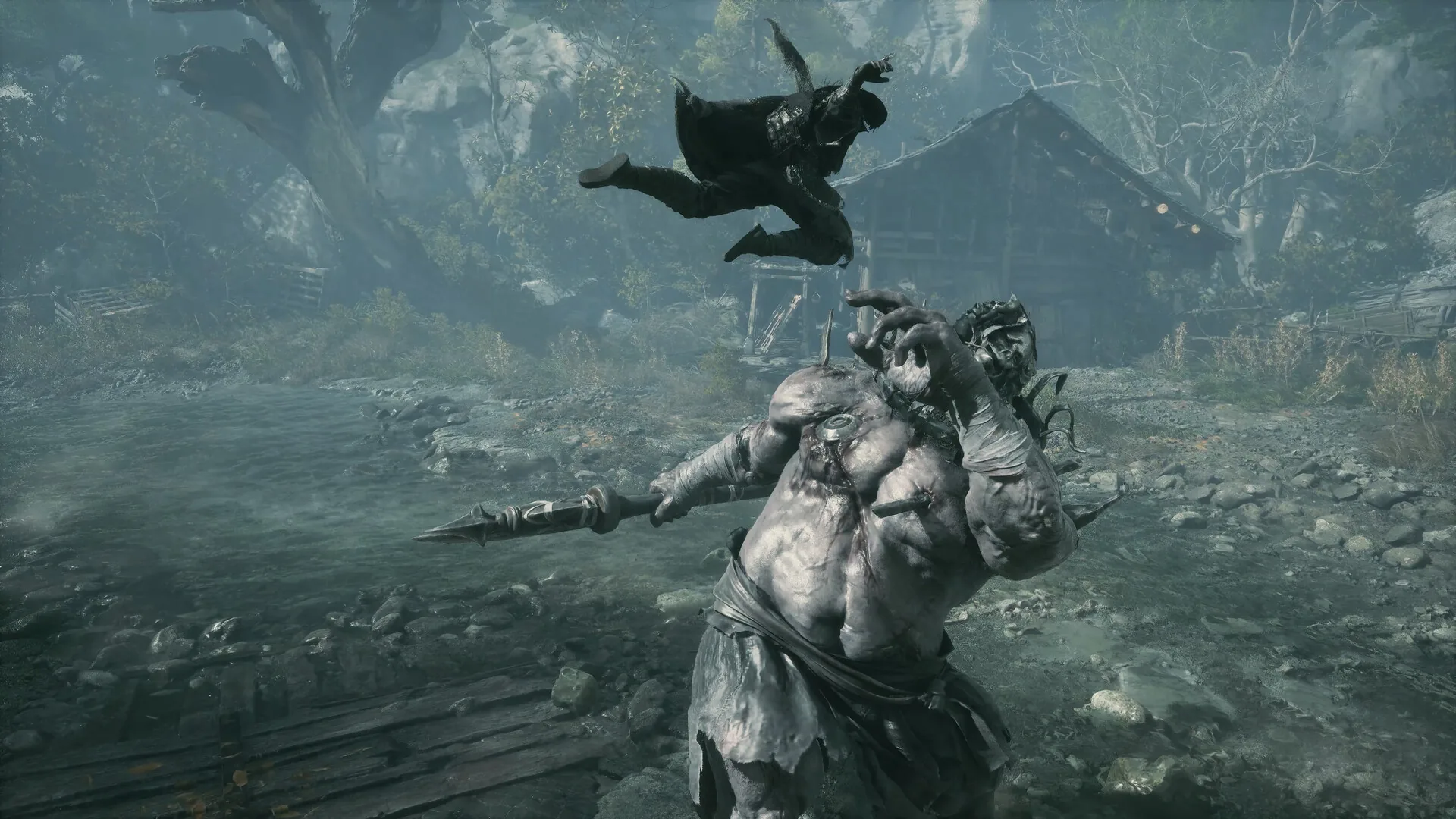 Phantom Blade Zero gameplay screenshot: a fighter vaulting over a large enemy in a rocky clearing