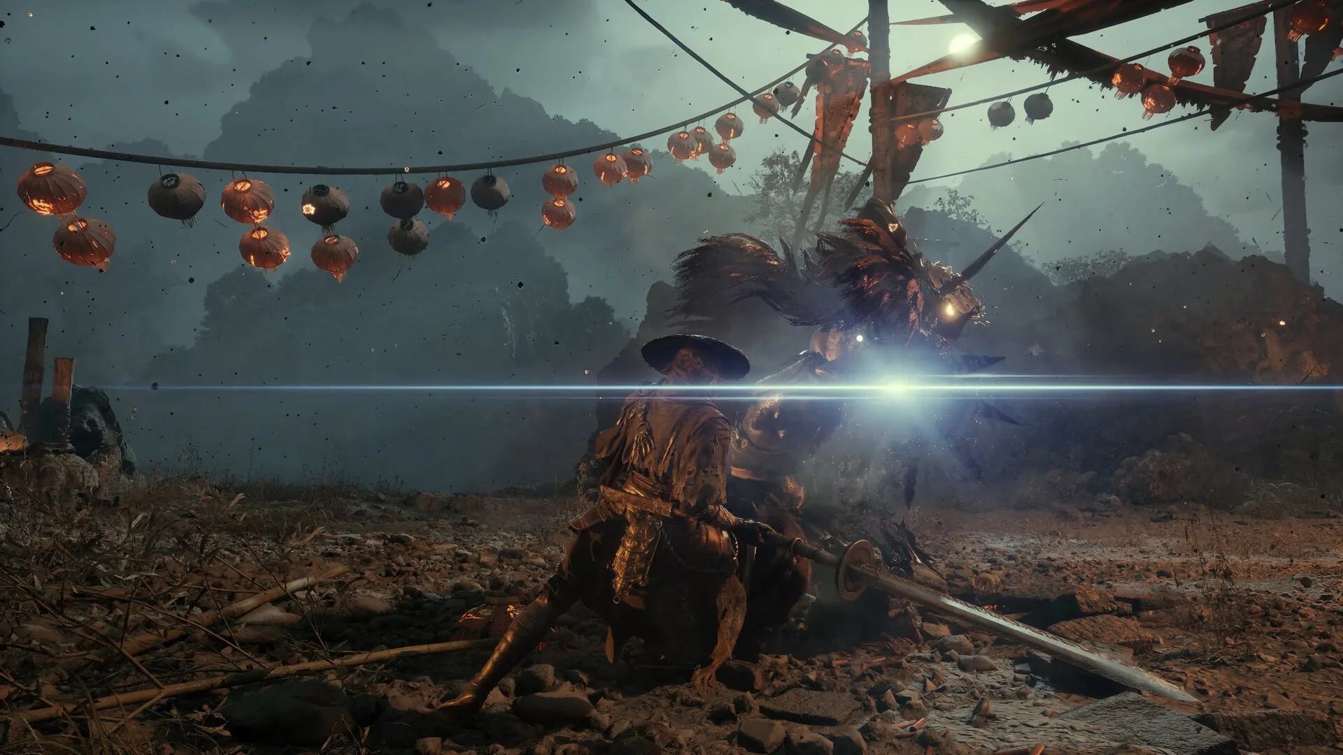 Phantom Blade Zero gameplay screenshot: a swordsman facing an enemy beneath hanging lanterns