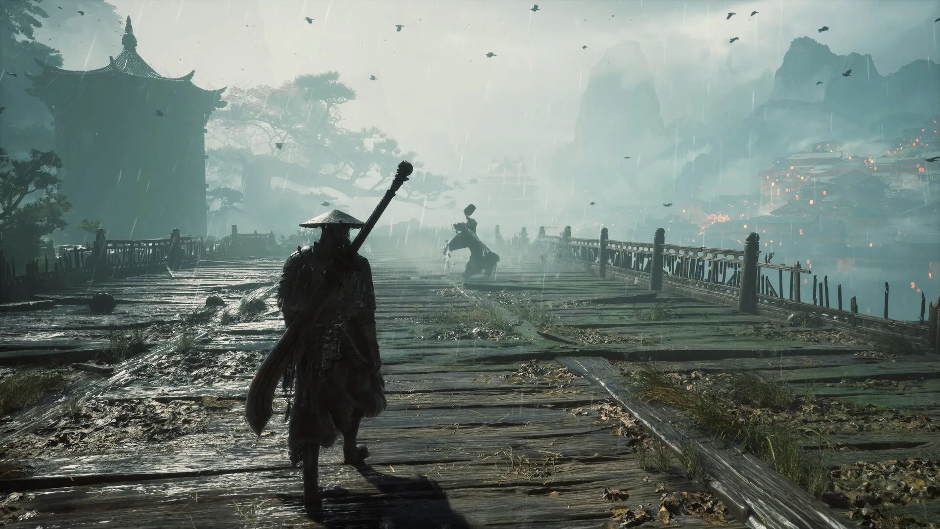 Phantom Blade Zero gameplay screenshot: Soul walking along a wet wooden bridge toward a pagoda