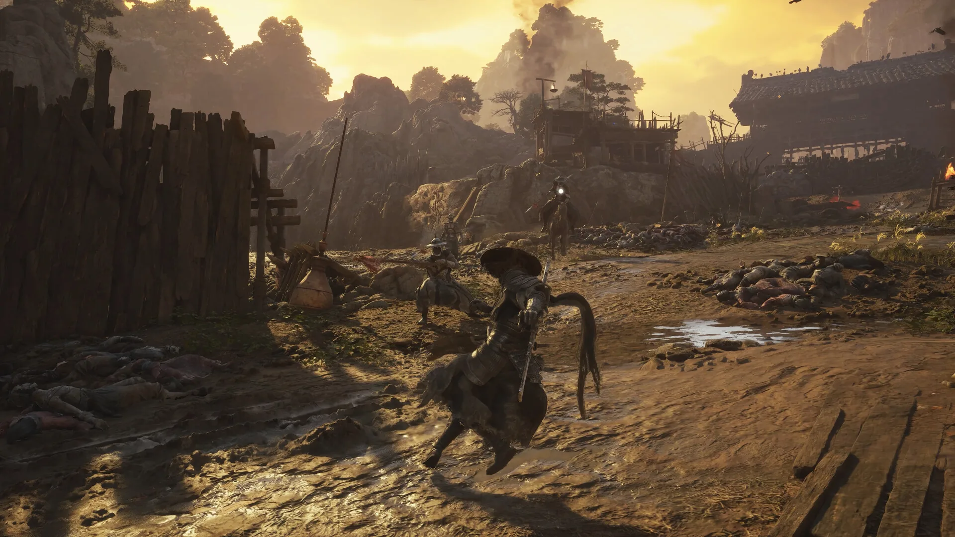 Phantom Blade Zero gameplay screenshot: a fight on a sunlit rocky path beside ruined walls